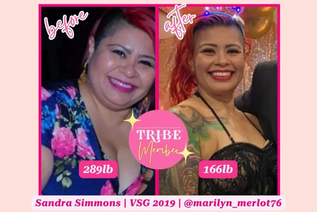 photo of plus size woman on the left and smaller version of the same woman on the right with T.R.I.B.E. member badge