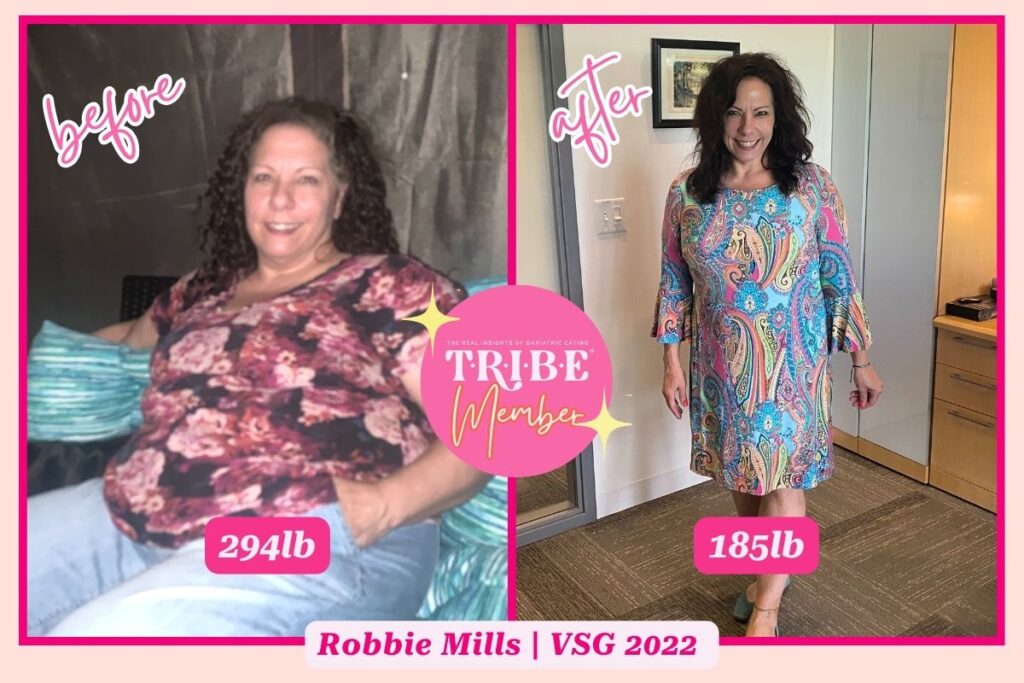  photo of plus size woman on the left and smaller version of the same woman on the right with T.R.I.B.E. member badge