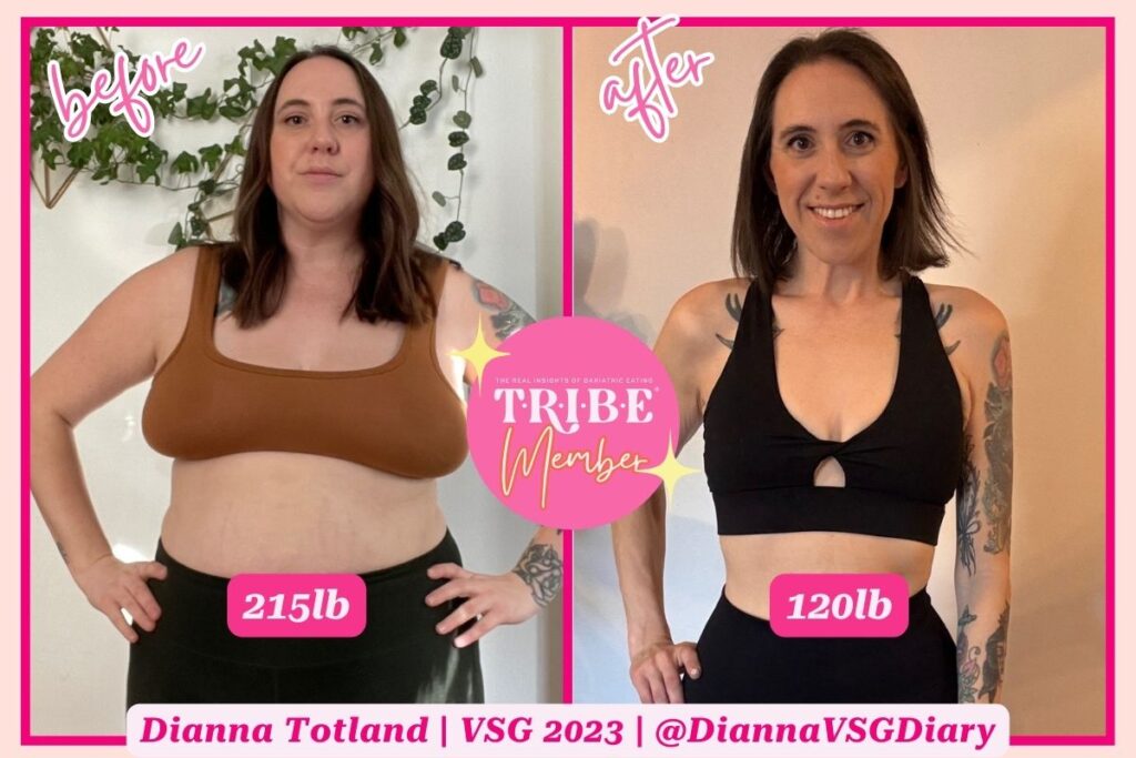 photo of plus size woman on the left and smaller version of the same woman on the right with T.R.I.B.E. member badge