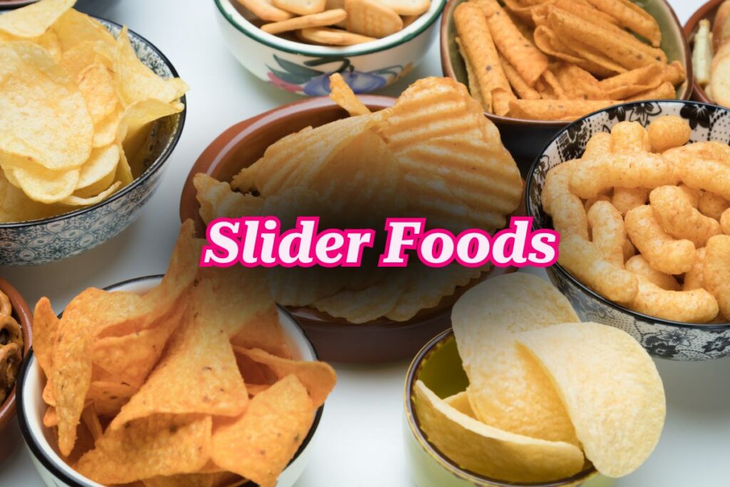 images of bowls of snack for including chips, chips with ridges, cheese puffs, Pringles, and Doritos with the words "slider foods" in bold pink text to explain why can't we eat crackers after bariatric bypass surgery 